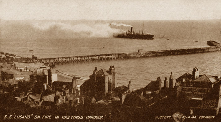 SS Lugano on Fire at Hastings Harbour